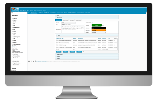 2iB Work Management board screen displayed on computer monitor.