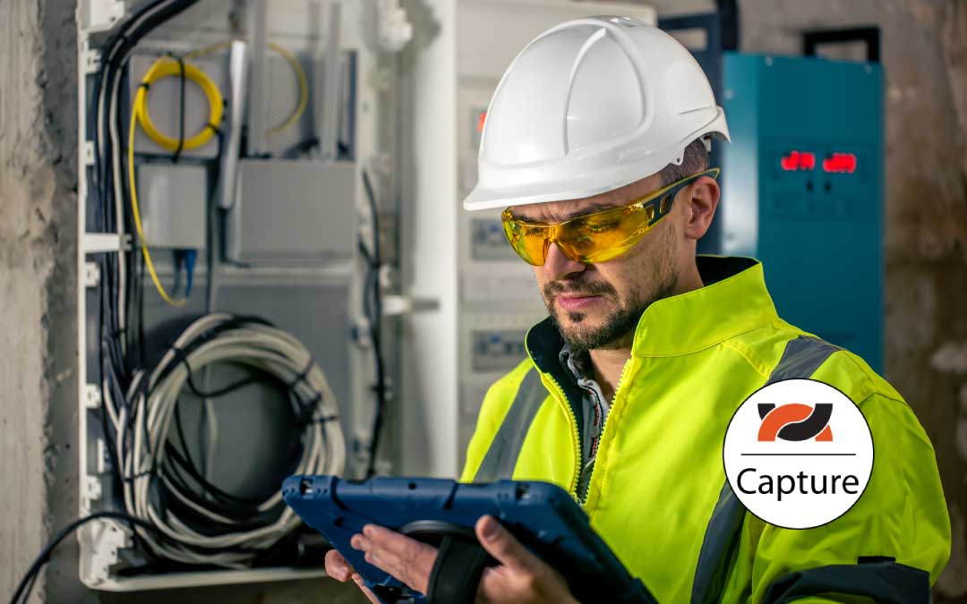 Electrical technician conducting safety inspection on switchboard with tablet in hand