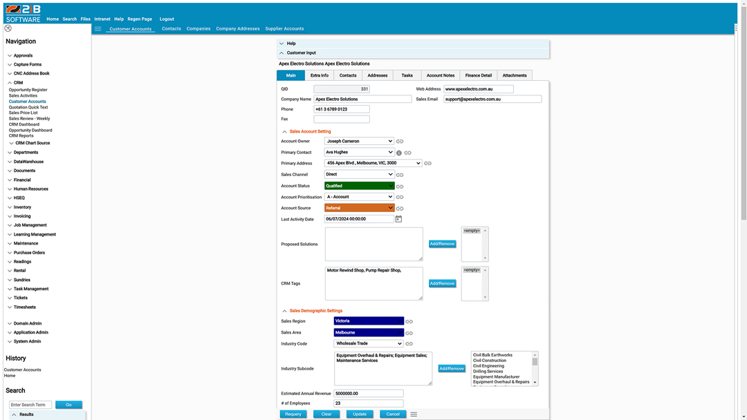 2iB CRM customer data screenshot